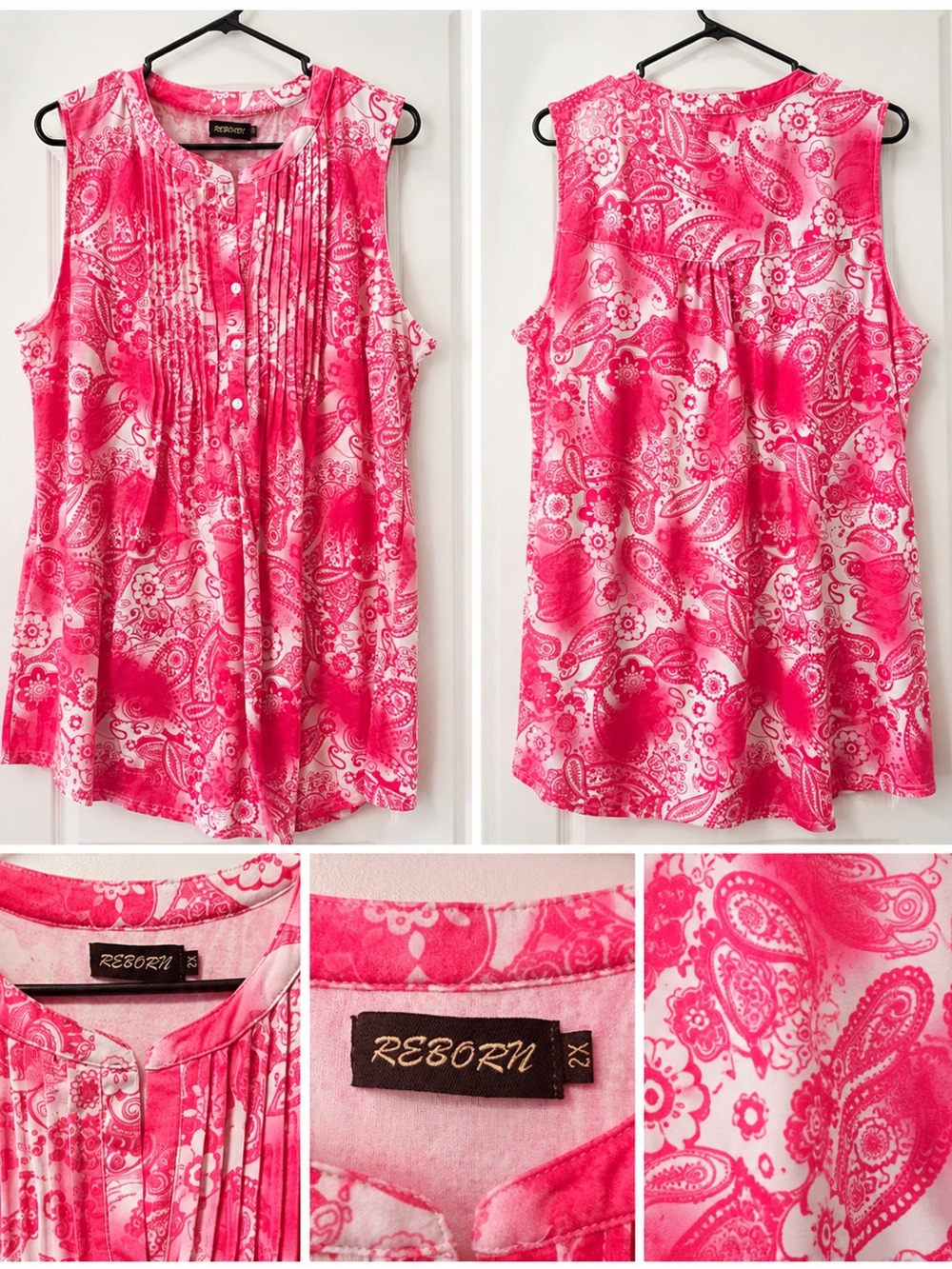 Reborn Women’s 2X Pink Paisley Sleeveless Pleated Blouse Tank Top